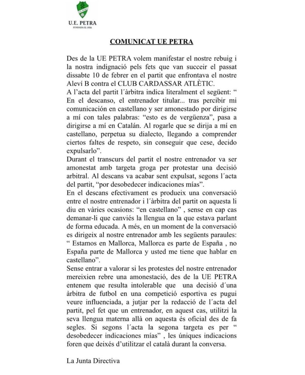 El comunicat de la <a href="/ue_petra/">UEPetra</a> és exemplar. Que corri. Per la dignitat de Mallorca i de la llengua dels mallorquins.