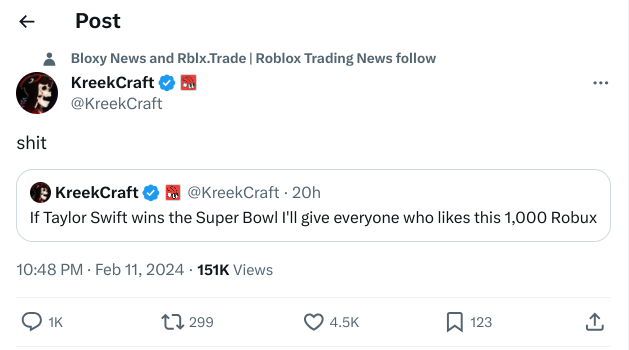 RoGameNews's tweet photo. The popular ROBLOX YouTuber @KreekCraft once again swore. Thoughts?
#RobloxDevs #RobloxDev #Roblox #KreekCraft #Kreek #YouTuber #Swear #Cuss #Swore #New #Thoughts #YouTube https://t.co/vINUJJ2GRL