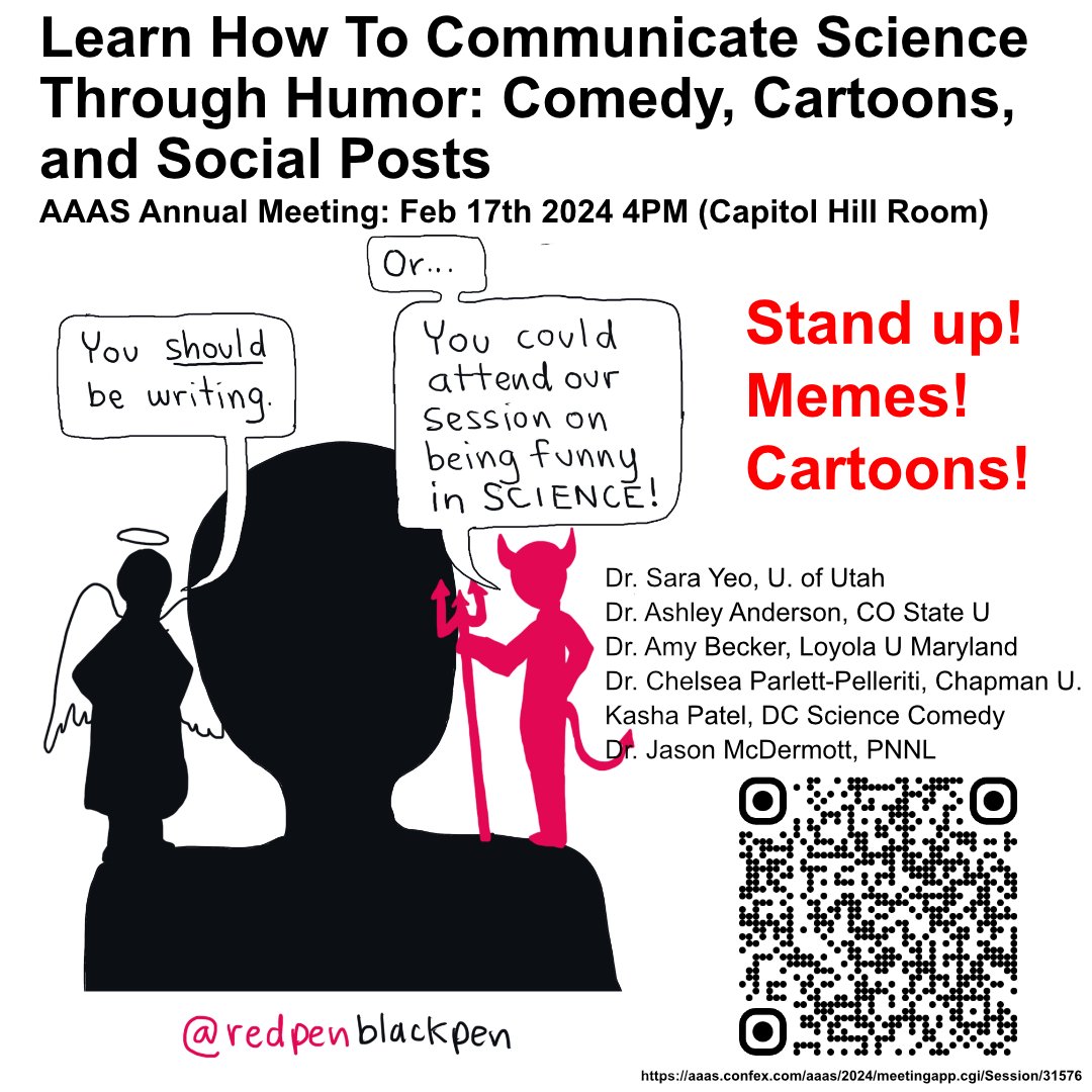 If you're at @AAASmeetings this week come to our session! It's THE right choice. Did you know that #scicomm could be stand-up comedy? Memes? Cartoons? DYK research shows using humor in your scicomm can be a good idea? W/@sarakyeo, @dr_amybree, @ChelseaParlett, & @KashaPatel