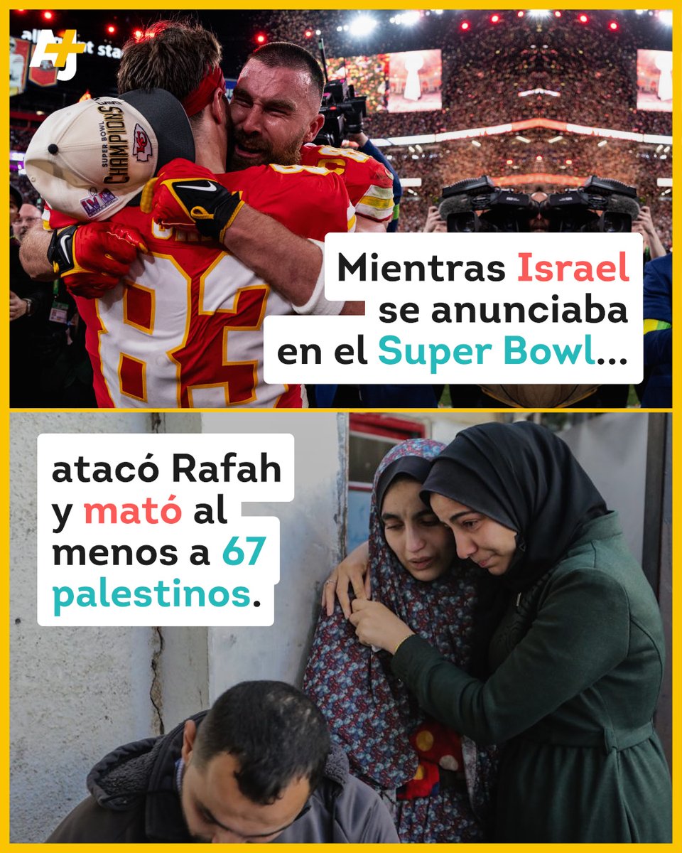 ajplusespanol's tweet photo. El gobierno israelí gastó millones de dólares en un anuncio propagandístico durante la Super Bowl. Al mismo tiempo, bombardeó Rafah y mató al menos a 67 personas durante la noche. https://t.co/gpv9Uh261Z