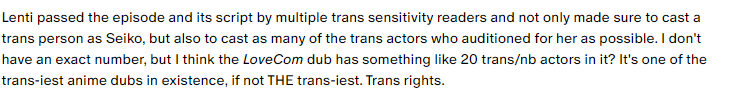 p9cker_girl's tweet photo. "multiple trans sensitivity readers and not only made sure to cast a trans person as Seiko"

"It's one of the trans-iest anime dubs in existence, if not THE trans-iest. Trans rights."🤡 https://t.co/hY3D2Fzhsx