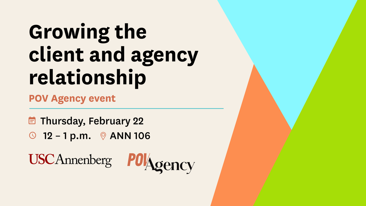 USCAnnenberg's tweet photo. POV: you want to build effective client-agency relationships → Join Annenberg alumni @daRealBlackSwan and @mchavezbooth from POV Agency as they moderate a discussion with CEOs Rebecca Nunez of The MRN Agency and Randi Matthews of Multi-Hyphen Media. RSVP: https://t.co/Hp15aw0c11 https://t.co/dP4i4OMVkK