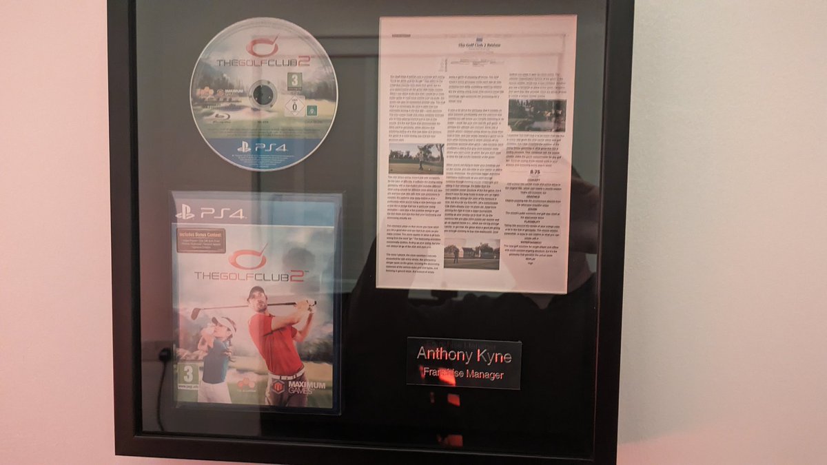 AnthonyKyne's tweet photo. I never got a plaque for one of the best games I've been part of, so I got someone to make one for me. Great addition to my office #TheGolfClub2 #HBStudios https://t.co/92wUWqbIDa