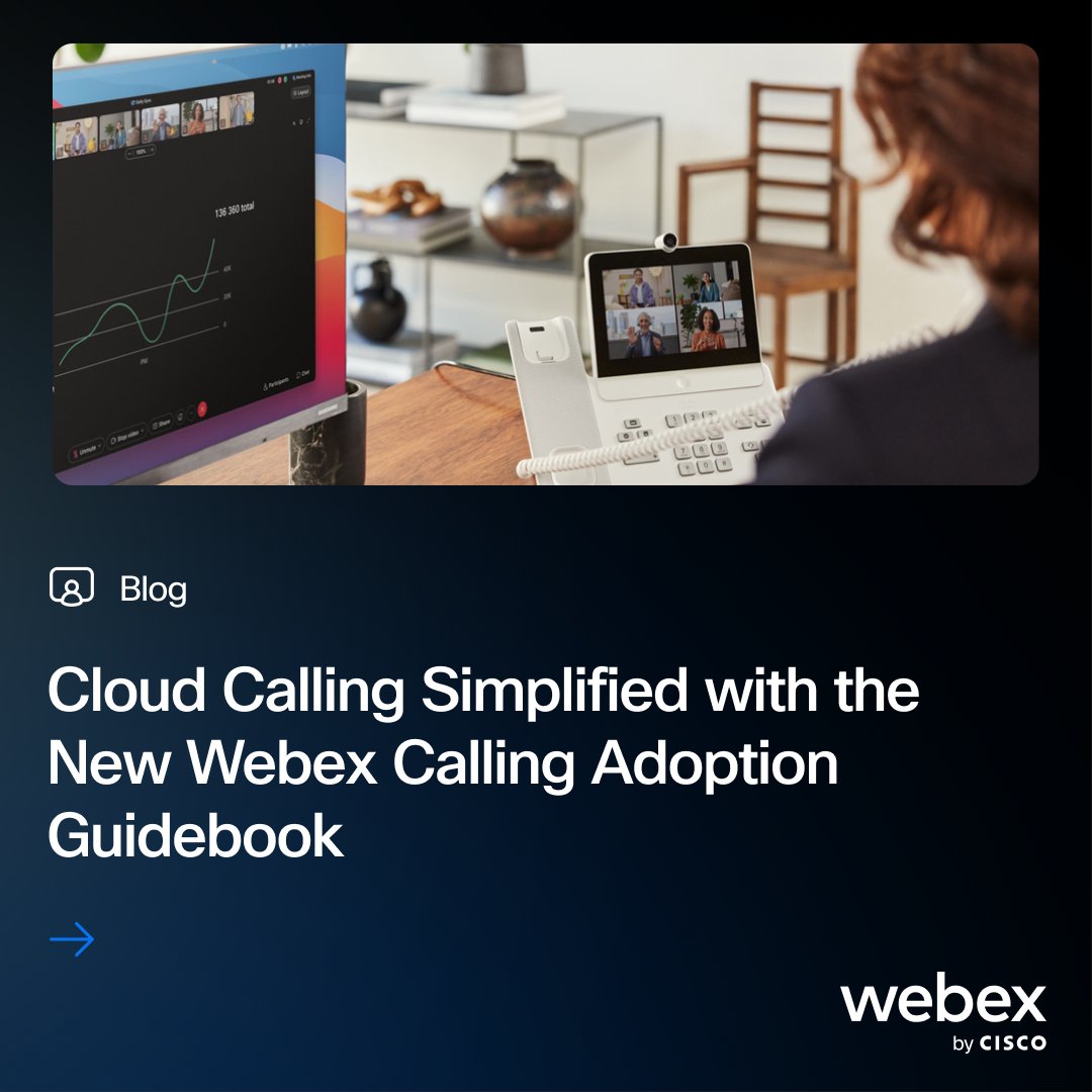 Webex's tweet photo. The cloud has transformed how we work, and phone calls are no exception. 📞

Integrating cloud-based solutions is pivotal, and we understand the importance of providing the necessary support.

That's why we created a 3-part Webex Calling Adoption Guidebook. Download it here ⬇️