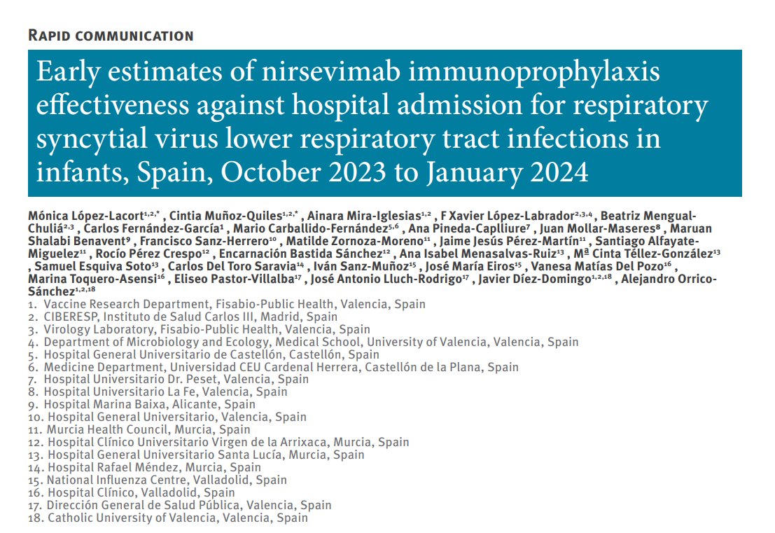 PRIMEROS DATOS PROVISIONALES SOBRE LA EFECTIVIDAD DE NIRSEVIMAB FRENTE AL VRS EN ESPAÑA
La efectividad de la inmunización con nirsevimab fue superior al 70 % para prevenir las hospitalizaciones en lactantes menores de 9 meses con IVRB asociadas al VRS.
vacunasaep.org/profesionales/…