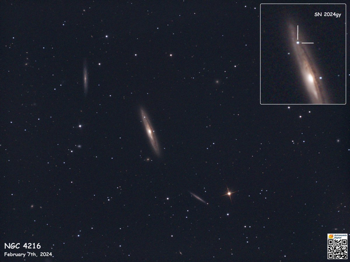 Galaxia NGC4216, a unos 40 millones de a.l., actual anfitriona de la supernova 2024gy de tipo Ia.
#AstrofotoPlanetariodeMadrid #cielosESA #Astrophotography <a href="/aamadridsur/">Agrupación Astronómica Madrid Sur AAMS</a> <a href="/PlanetarioMad/">Planetario de Madrid</a> @RObsMadrid <a href="/ObservaUCM/">Observatorio UCM</a> <a href="/CMM_es/">Castilla-La Mancha Media</a> <a href="/ObsCalarAlto/">Observatorio Astronómico de Calar Alto</a> <a href="/IAC_Astrofisica/">IAC Astrofísica</a> <a href="/apod/">Astronomy Picture of the Day</a> <a href="/apod_daily/">Astronomy Picture of the Day</a> @jessica_BC