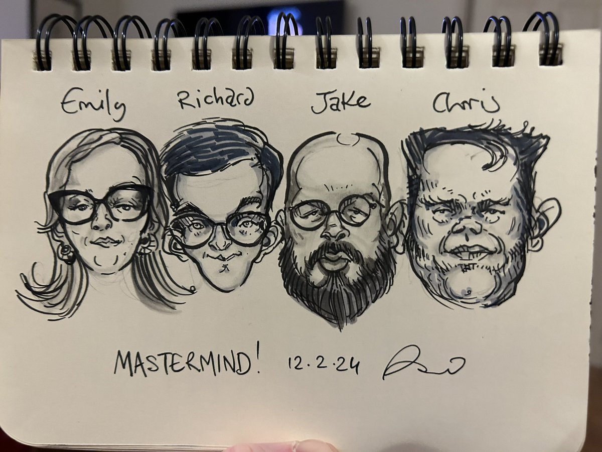 Well that was another closely fought match! These tiebreakers are nerve janglers! Well done Richard! @MastermindQuiz @CliveMyrieBBC #mastermind @bbctwo @BBCiPlayer #quizzymondays #caricature #livedrawing