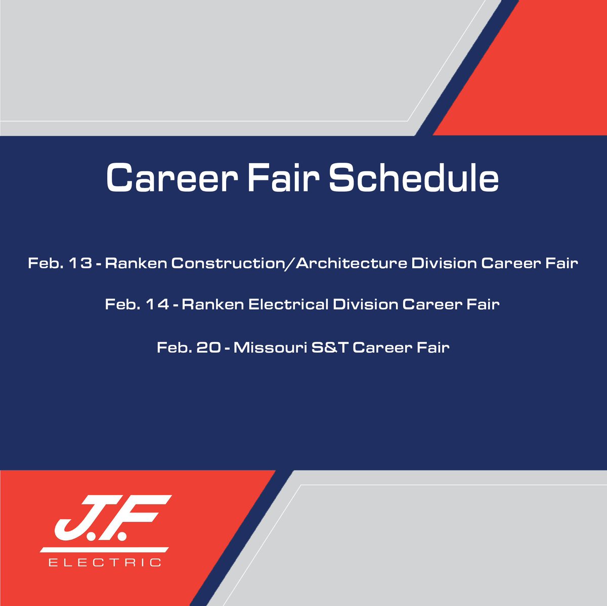 Ready for a bright future? Meet us at our upcoming career fairs and discover how you can join the J.F. Electric team.

#Creatingconnections #Deliveringvalue