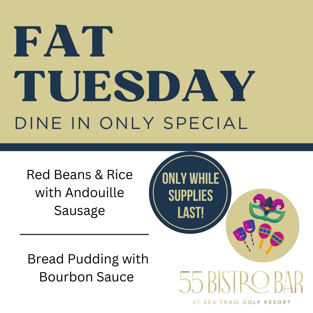 Missed our Early Fat Tuesday Dine-In Dinner Special last week? It's back! Celebrate Fat Tuesday with Red Beans and Rice and Chef Daniel's Bread Pudding!

Dine-In Only  *While Supplies Last*

Kitchen open til 7pm
Bar open til 8pm

#fattuesday #dinnerspecial #55bistro