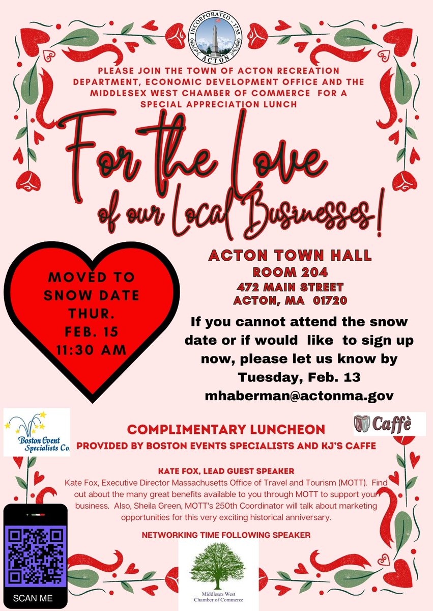 MWestChamber's tweet photo. 𝐍𝐄𝐖 𝐃𝐀𝐓𝐄
Join the Town of Acton and MWCOC for an Appreciation Lunch. 
Guest Speaker: Kate Fox, Executive Director, Massachusetts Office of Travel and Tourism. Thurs, Feb 15, 2024, 11:30 - 1:00pm at Acton Town Hall Room 204. RSVP changes by Feb 13th to mhaberman@actonma.gov https://t.co/7qE91bUkOl