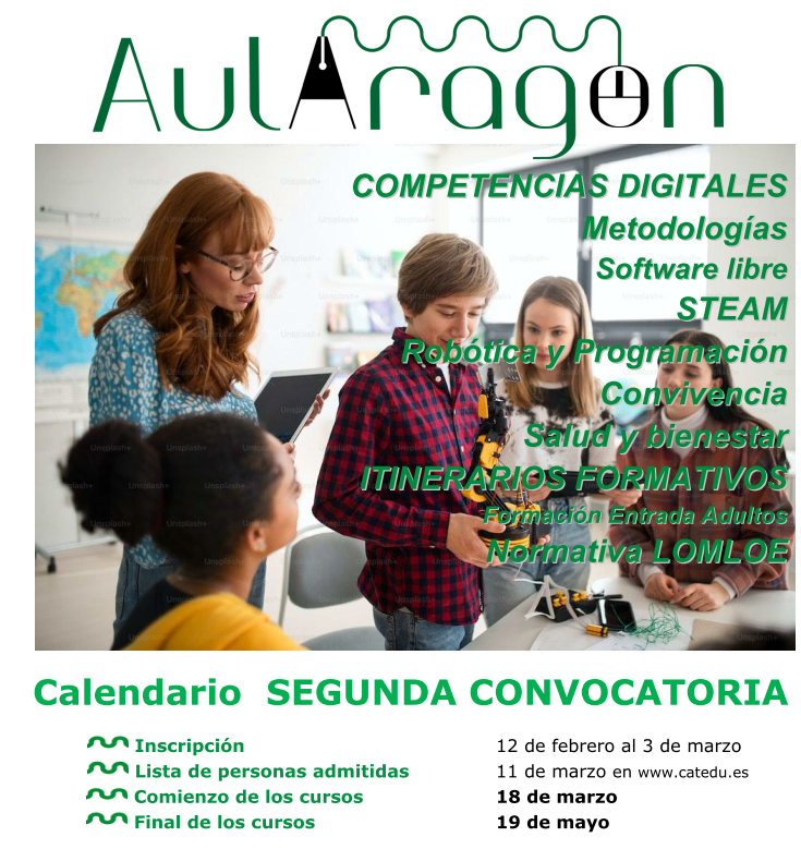 AULARAGON 2 CONVOCATORIA
abierta la inscripción en doceo.catedu.es hasta el 3 de marzo.
Lista de admitodos 11/3 en catedu.es
Inicio de los cursos 18 de abril
Fin de los cursos 19 de mayo
+ info en catedu.es