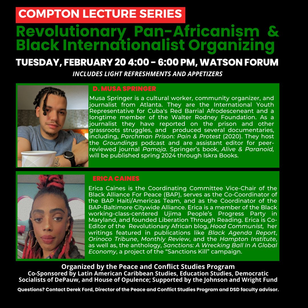 We are excited to co-sponsor the Peace and Conflict Studies Compton Lecture this year, featuring two brilliant theorists, organizers, writers, artists, and editors with <a href="/Blacks4Peace/">Black Alliance for Peace</a> and the <a href="/RodneyProject/">Walter Rodney Foundation</a>!