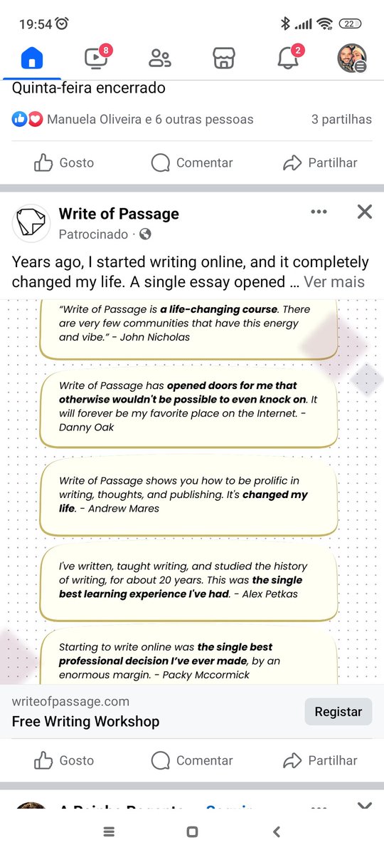 ImDannyOak's tweet photo. Ok, on a scale from 1 to 10, how lame it is to get hyped when browsing your timeline and seeing your testimonial for @1WriteofPassage on a Facebook ad?? 🤣😅
Highest moment of 2024 so far! 😁❤️ https://t.co/D6Q6bdh8vW