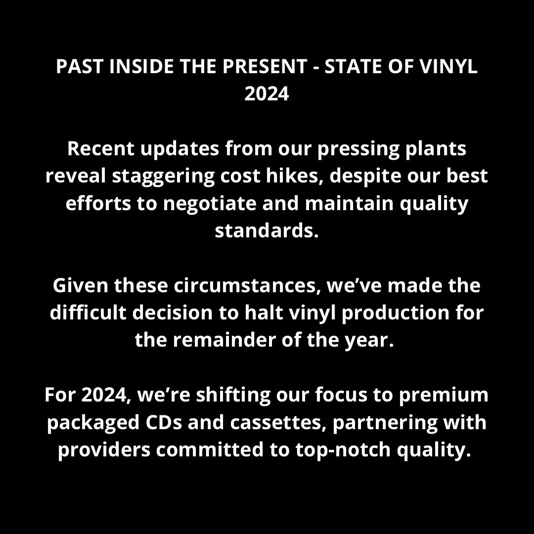 ⚠️ ANNOUNCEMENT ⚠️ PAST INSIDE THE PRESENT - STATE OF VINYL 2024 We had to make the difficult decision to halt vinyl production for the remainder of the year. Read our full statement here: pitp.us/blogs/news With love, Zach, Kevin, Cynthia, Nick, Drew, and James