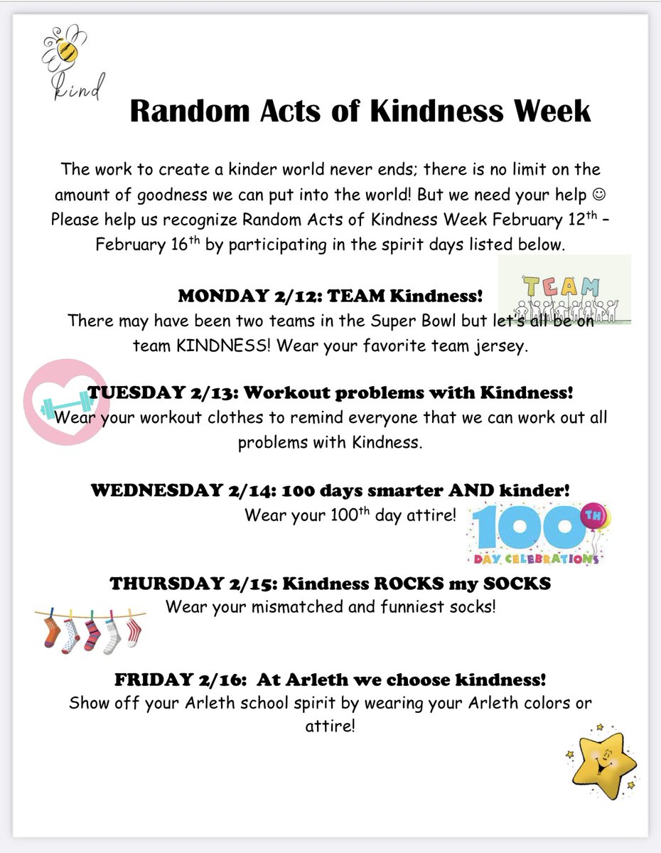 ArlethSchool's tweet photo. We're celebrating Random Acts of Kindness Week! All week we will have top secret agents of kindness who will spread kindness around the school! Tomorrow we will celebrate workout problems with kindness day - wear your workout gear. https://t.co/kVDJgfNrUO