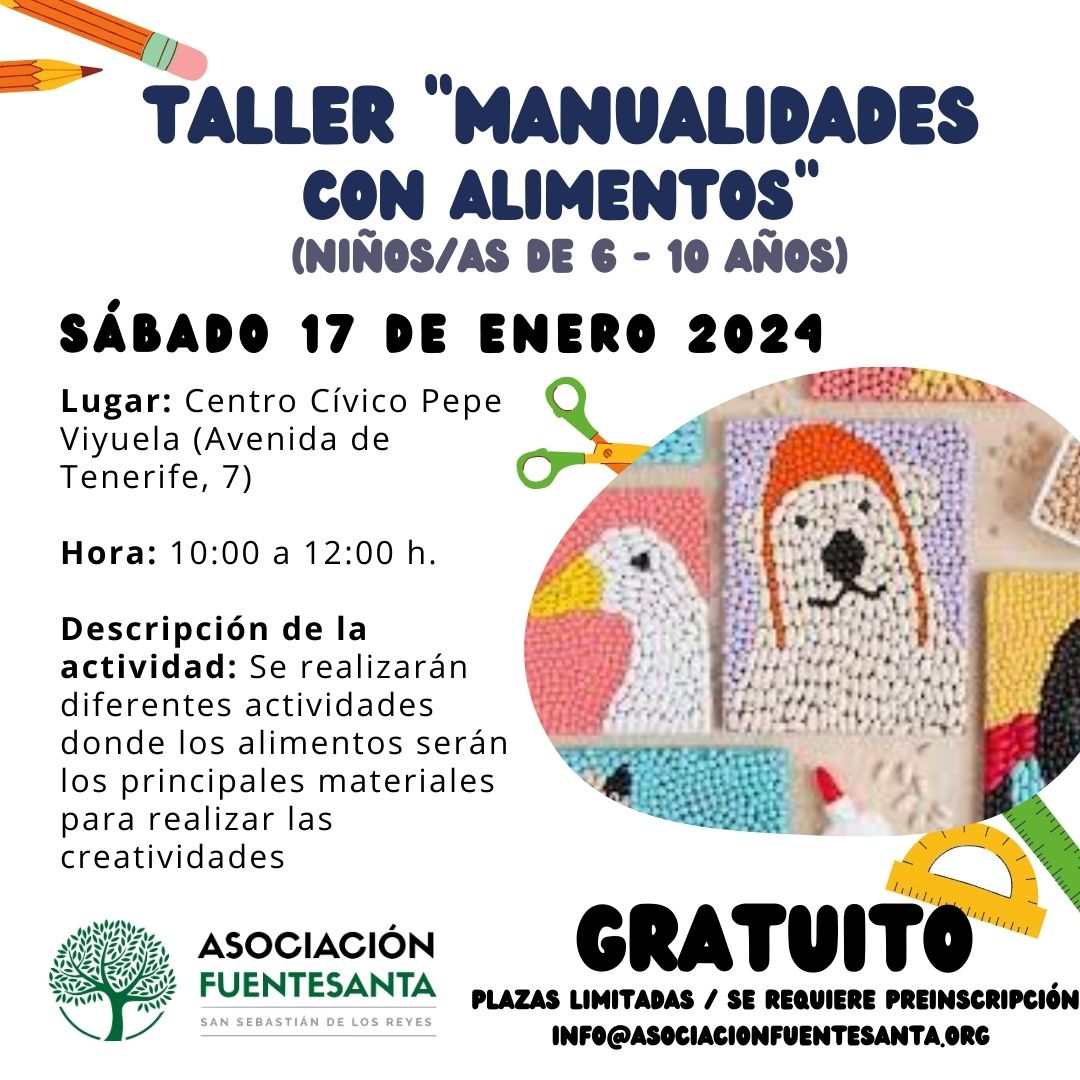 El próximo sábado 17 de febrero haremos el Taller de 'Manualidades con Alimentos' 🍚🍝. Quedan muy pocas plazas. ¡Corre e inscríbete! y recuerda, son totalmente GRATUITOS ➡ ENLACE DE INSCRIPCIÓN forms.gle/JTQ8UQnWkDFTNQ…

 #juegosinfantiles #actividadesinfantiles #Sanse