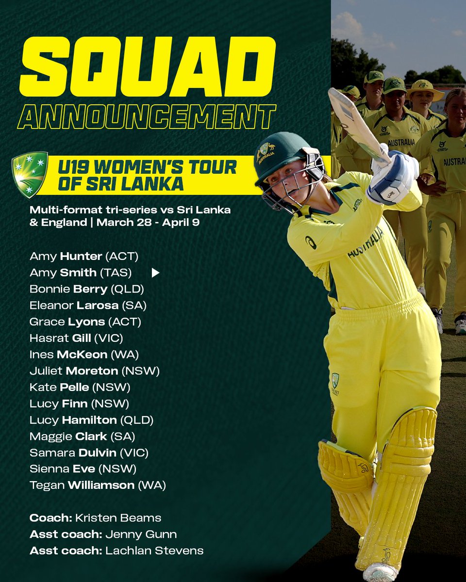 CricketAus's tweet photo. After the recent success of our boy's U19, it's time for the women to strut their stuff overseas.

This impressive collection of young talent will head to Sri Lanka in March for four T20s and two one-day matches. https://t.co/1fp4m0Nh7p