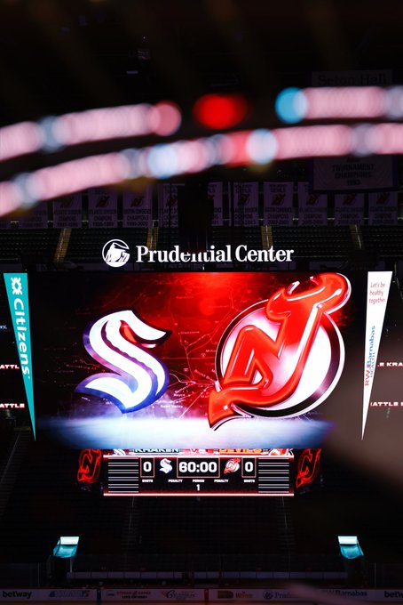 Photo of the Devils’ scoreboard with the kraken and devil logos