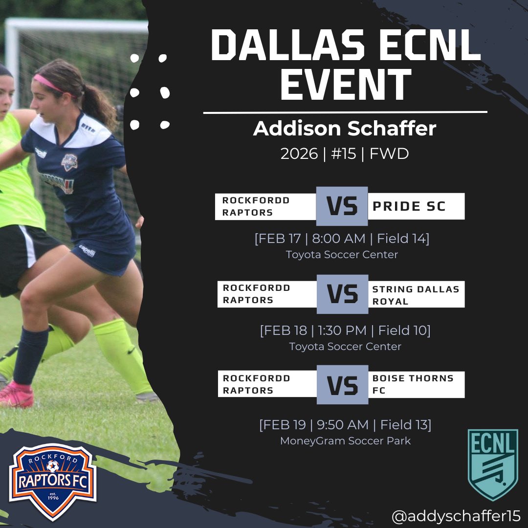 Excited for some great competition at the Dallas ECNL showcase! Heres my schedule! @RRaptorsfc @ImCollegeSoccer @ImYouthSoccer @ECNLgirls @PrepSoccer @TopDrawerSoccer