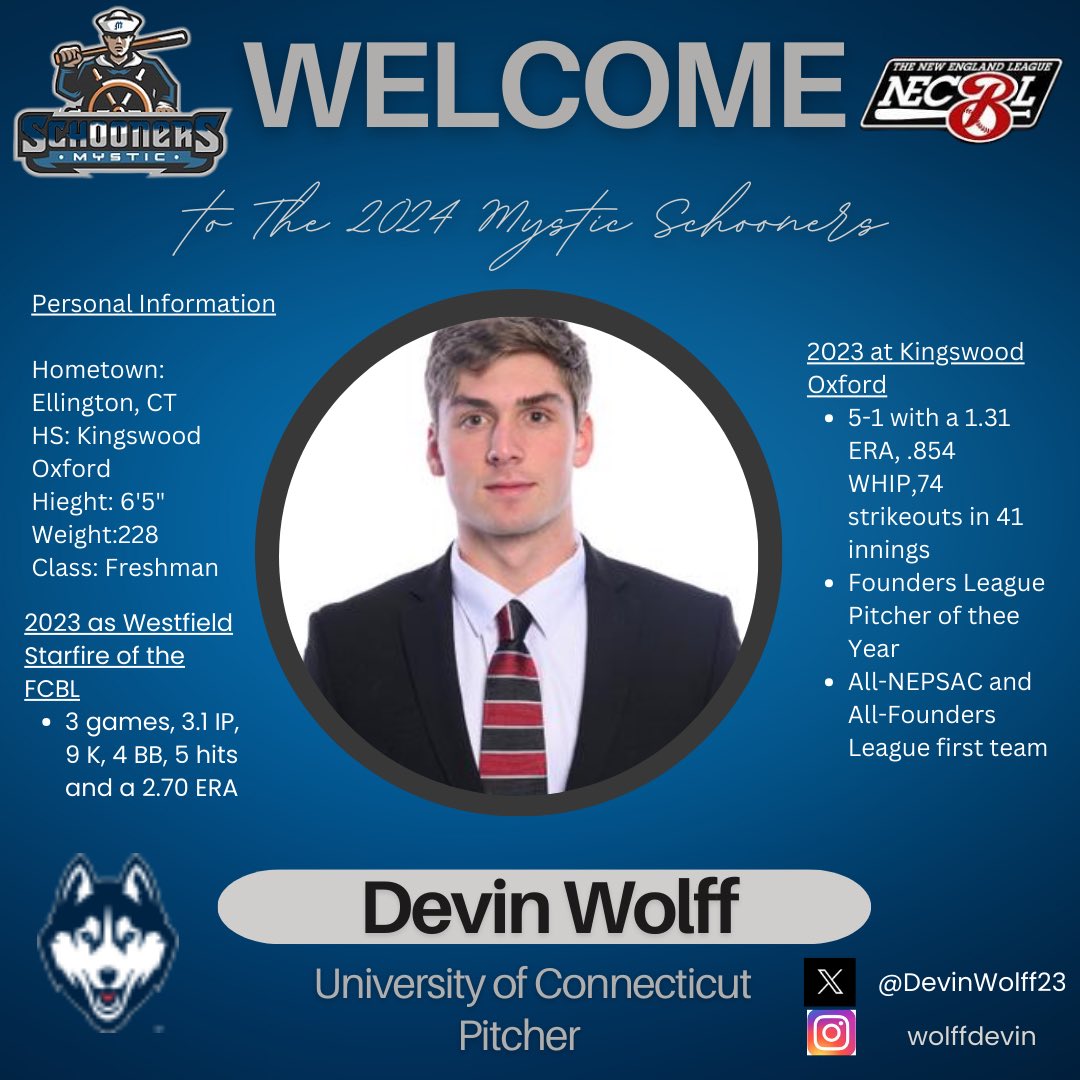 Great to have another in a long line of UConn Huskies this summer. Devin possesses big time arm and has a great deal of potential. Welcome @DevinWolff to the #SchoonSquad ‘24