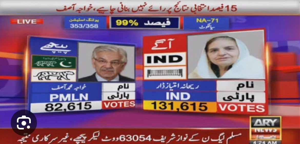 afnanullahkh's tweet photo. یہ ہے وہ قیمتی اے آر وائے کا مستند سکرین شاٹ جو ریحانہ ڈار صاحبہ نے اپنی الیکشن ٹریبونل کی درخواست میں بطور ثبوت لگایا ہے کہ دھاندلی کر کے انھیں الیکشن ہرایا گیا ہے۔ https://t.co/n09vQER1wN