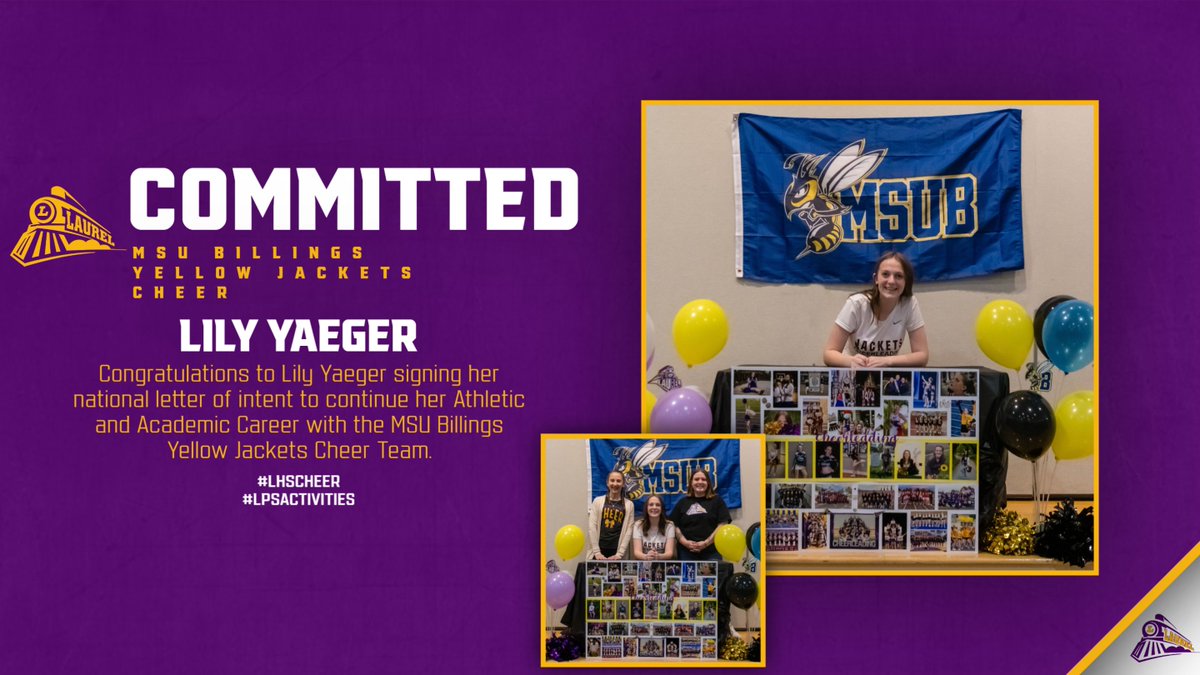 LPSActivities's tweet photo. Congratulations to Lily Yaeger signing her national letter of intent to continue her Athletic and Academic Career with the MSU Billings Yellow Jackets Cheer. #lhscheer #lpsactivities https://t.co/PH34KLwYqx