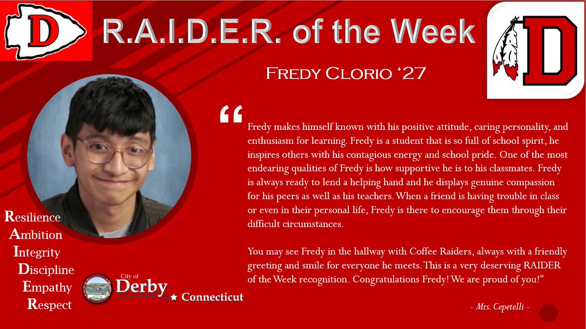 Ahead of the snow day, DHS didn't want the latest RAIDER of the Week to miss his spot in the limelight. Congratulations Fredy! You're having a fantastic freshman year. <a href="/DerbyRedRaider/">Derby High School</a>