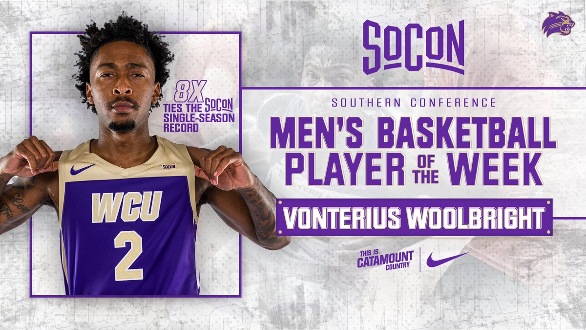 Catamounts's tweet image. .@CatamountMBB senior Vonterius Woolbright matched the @SoConSports single-season record with his EIGHTH SoCon Player of the Week honor!

🔗- tinyurl.com/3nwp5txu

#CatamountCountry | #SoConHoops
