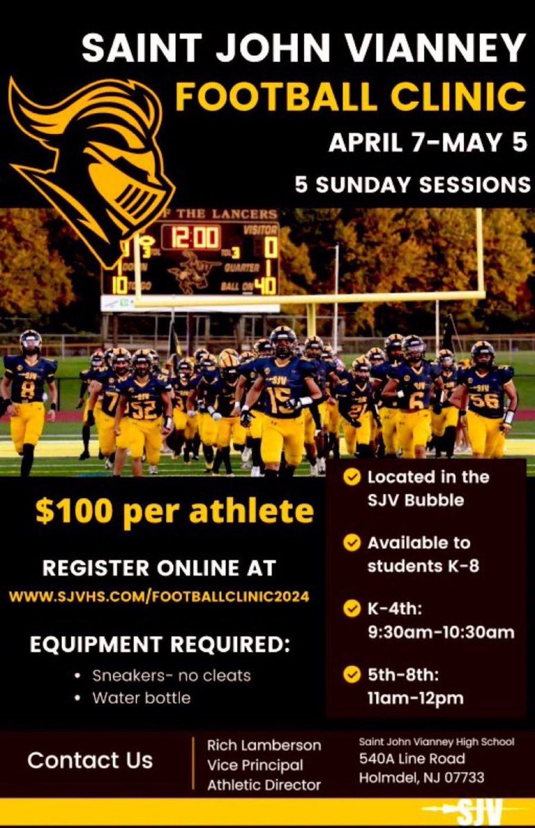 🚨Football Clinic at the Jersey Shore ✍️Sign Up Now. 📍@SJVLancersFB Bubble 🗓️ April 7th - May 5th 🏈 5 Sunday Sessions ⏱️K-8 Grade 9:30am ⏱️5th-8th Grade 11am Why @SJVHS Camps ☑️ Elite FUNdamentals ☑️ Elite Instruction ☑️ Elite Facilities ☑️ Elite Skill Development…