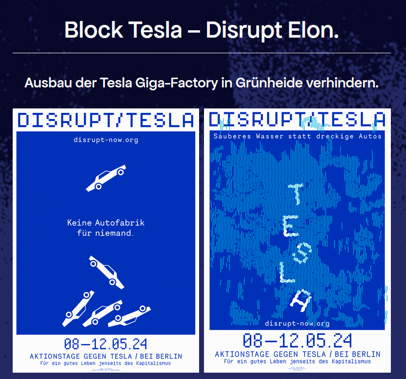 Wie hübsch, die Plakate! 😍Save the dates! 08.-12.05. Disrupt Tesla Aktionstage bei Berlin #DisruptNow
via @disrupt__now  disrupt-now.org/disrupt-tesla/
