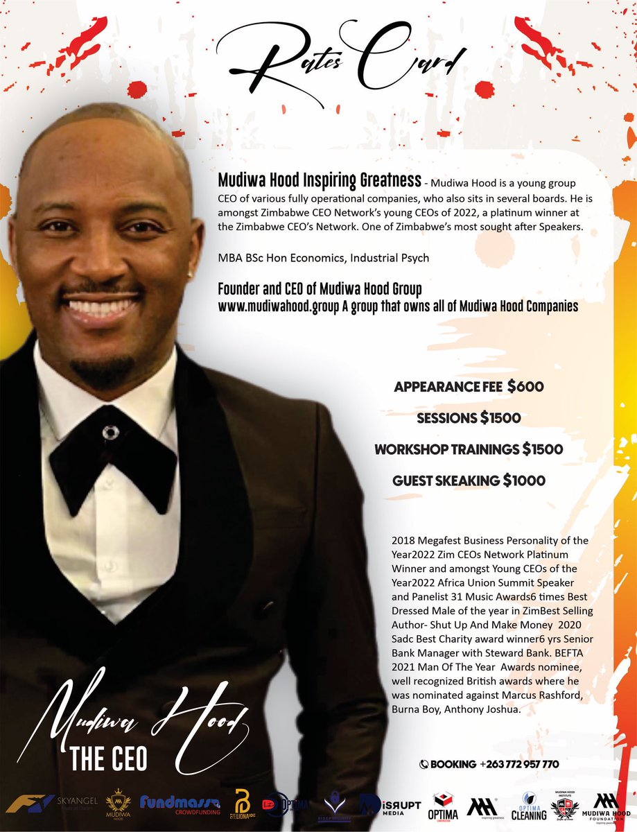 Mudiwa Hood Rate Card

Only $600 to just hang out for 1 hour with the CEO and at a price of an MH Suit, $1000, you can get the CEO speak for a cool 40 min…

For bookings 

Call  or WhatsApp 0772957770