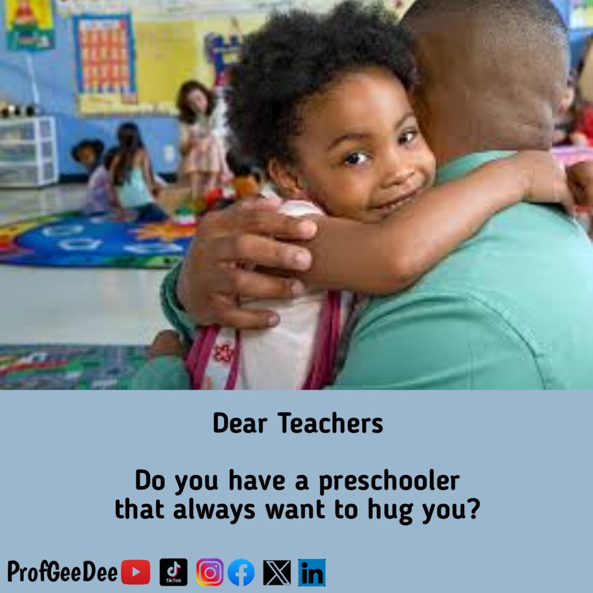 Children are fond of replicating what they have seen people do to them, especially adults.

The impact of hugs on preschoolers is immeasurable is immeasurable and cannot be over-emphasized.

#earlyyears
#earlylearning
#earlychildhoodeducation
#dearteacherseries
#profgeedee