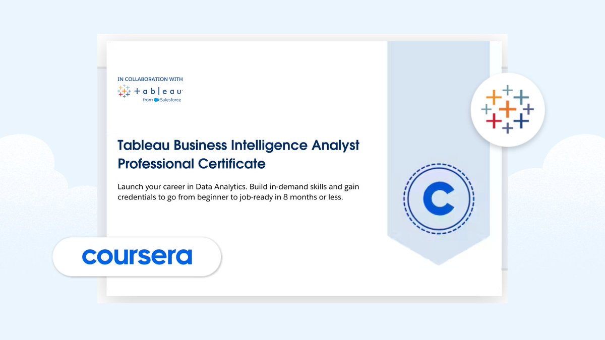 tableau's tweet photo. Launch your career in data analytics. 🚀

Tableau’s in-depth career training course—in partnership with @Coursera—will help you build your skills and gain credentials to go from beginner to job-ready in 8 months or less. 

Get started: https://t.co/bltstGrDd7 https://t.co/oa9y7Fk38s