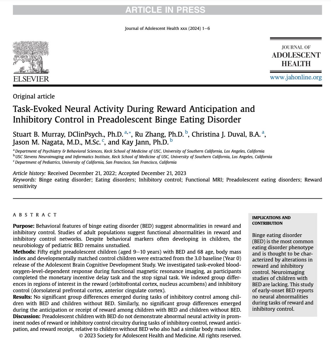 While most imaging studies of #BingeEatingDisorder have focused on adults, we're thrilled to share our new paper assessing neural activity in pre-adolescent children with #BingeEatingDisorder, during tasks of #RewardAnticipation and #InhibitoryControl.

jahonline.org/article/S1054-…