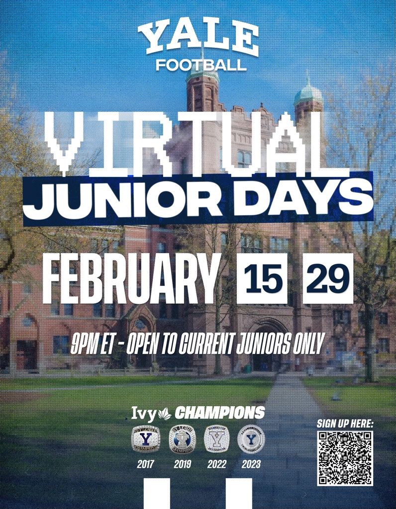 Calling all Juniors! 2⃣ Opportunities to log on and find out what makes Yale Football so special 🏆

🔗 Sign up in advance: tinyurl.com/5766dsdt