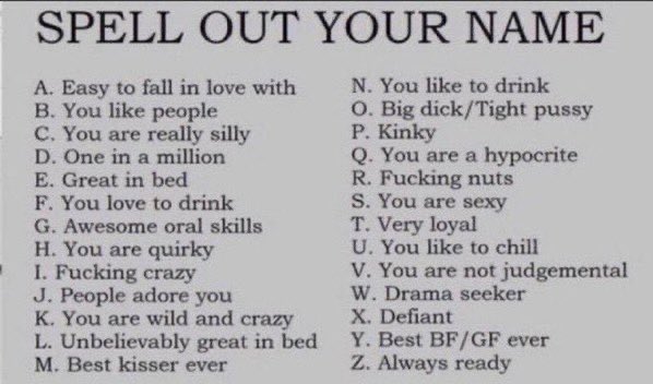 N- you like to drink
Y- best gf ever
X- Defiant