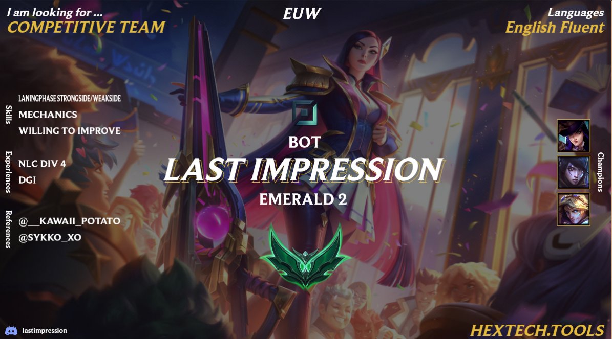 LFT ADC 

Looking to explore my options:

Retweets are appreciated! <3 
op.gg/summoners/euw/…

Contact through discord: lastimpression
Contact through league of legends: Last Impression#EUW