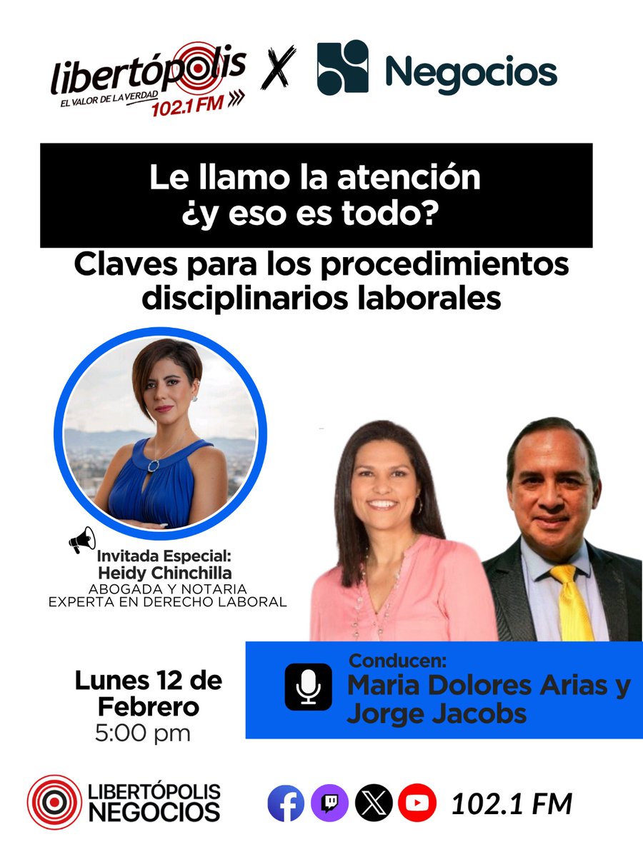 Hoy a las 5pm en @libertopolis #Negocios hablaremos sobre #ProcesosDisciplinarios en el trabajo con la Lic. Heidy Chinchilla Trampe #DerechoLaboral #cumplimiento #empresas