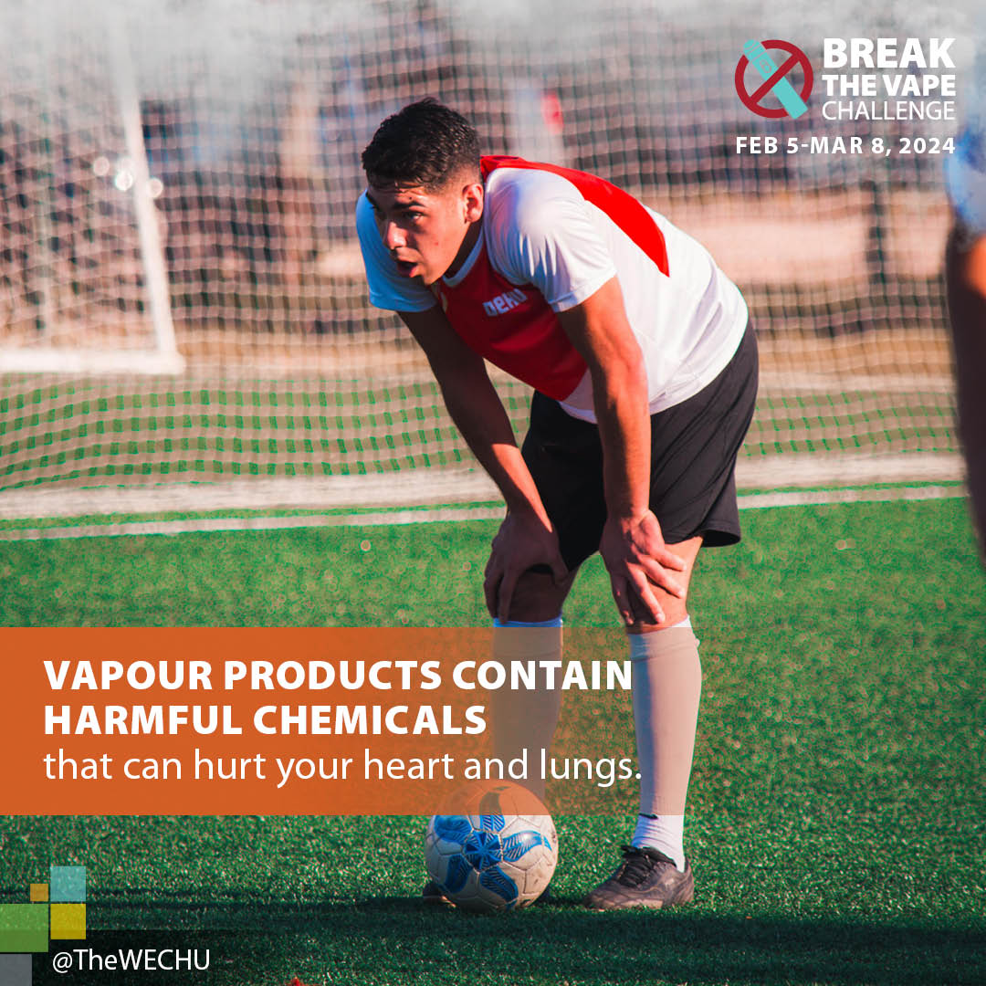 TheWECHU's tweet photo. Vapour products contain harmful chemicals that can hurt your heart and lungs.
Help youth break down the myths about vaping by entering the Break the Vape Challenge! Visit https://t.co/3Ls8P8CJYc to learn more.
#BreakTheVapeChallenge #SupportingBetterHealth https://t.co/pIPZdeVchi