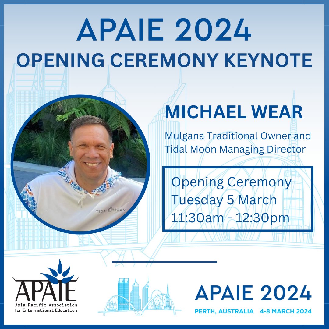 apaieofficial's tweet photo. We are delighted to welcome Mulgana Traditional Owner and Tidal Moon Managing Director, Michael Wear as a Keynote speaker of the Opening Ceremony of APAIE 2024, Tuesday 5 March, 11:30am - 12:30pm.

There's still time to register ➡️https://t.co/0B9HhmsDx0

#APAIE #APAIE2024 https://t.co/JfMgCCu9M6
