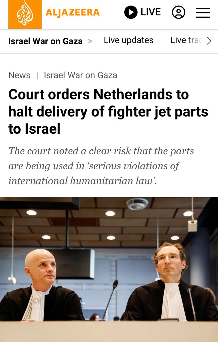 BREAKING: A Netherlands court has ordered the government to stop to stop selling fighter jet parts to Israel’s genocidal regime #EndIsraelGenocide Source: aljazeera.com/amp/news/2024/…