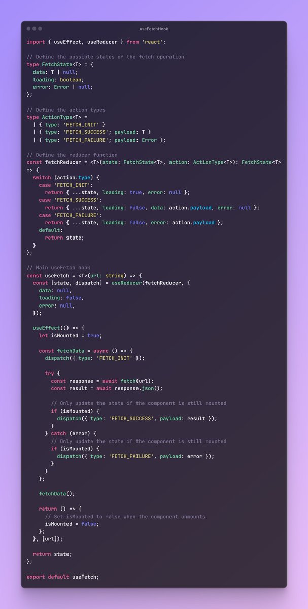 ChainCodeWizard's tweet image. How would you improve this useFetch hook written by chatGPT. #React #FrontEndDeveloper  #JavaScript #TypeScrpt