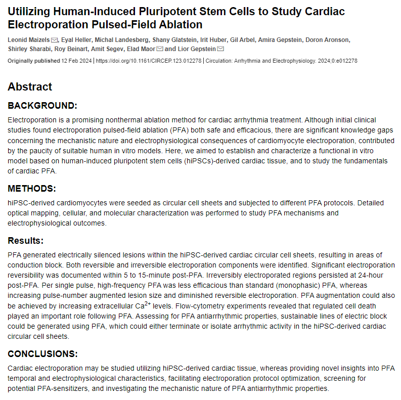 maor_elad's tweet photo. I have been studying electroporation and PFA since 2005. There are some serious knowledge gaps in the field. Our latest @CirculationEP paper showcases how human stem cells offer fresh insights into PFA's temporal dynamics and more. Check it out: https://t.co/zYJNfFfq3w #EPeeps https://t.co/TErHrHsGJO