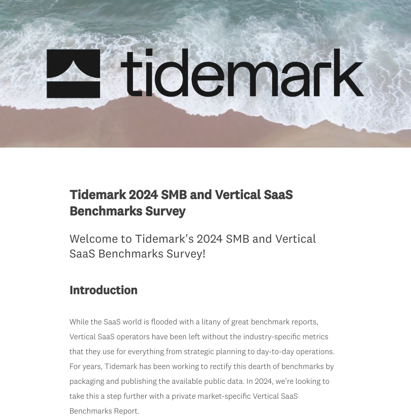 We've partnered with <a href="/stripe/">Stripe</a>, <a href="/GustoHQ/">Gusto</a>, and others to launch a vertical SaaS benchmarking effort! While the SaaS world is flooded with benchmark reports, vSaaS operators have been left behind.

8 minutes to complete -> get proprietary insights in return: surveymonkey.com/r/6QWPZFC