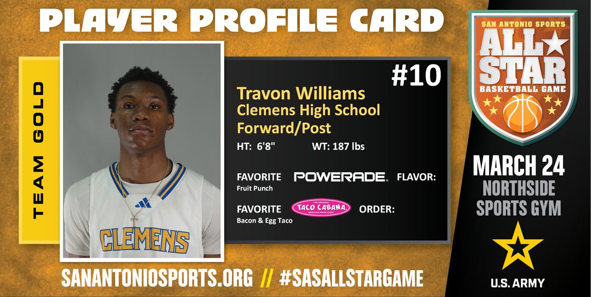 SA_Sports's tweet photo. Meet @TraJWilli from @SamuelClemensBB who will compete in the San Antonio Sports All-Star Basketball Game at the Northside Sports Gym on March 24th! @usarmysatx #SASAllStarGame @USArmy #BeAllYouCanBe https://t.co/DRDC0GwsPy