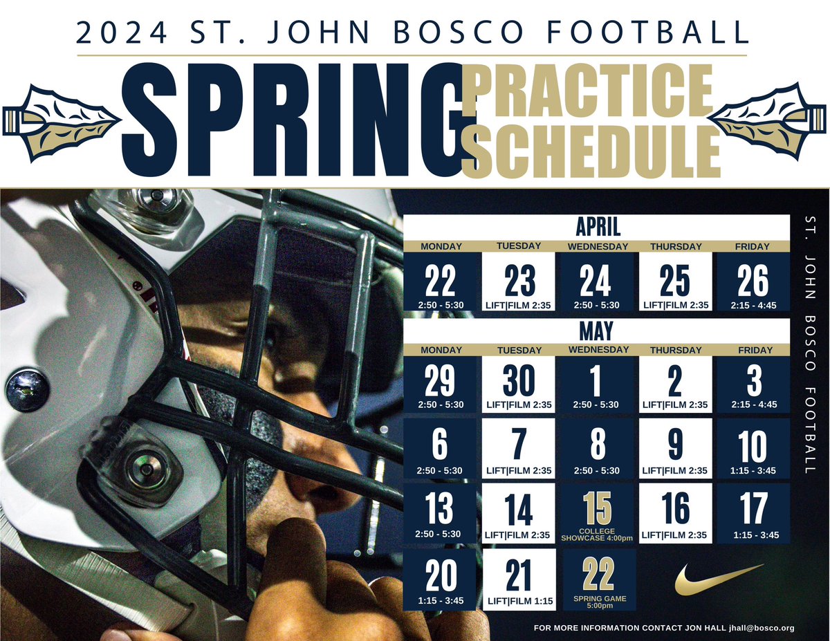 2024 Spring Practice Calendar is official. Practices are open to the public and in the heart of NCAA recruiting window. College Showcase and Spring Game posted as well. #DestinationBosco