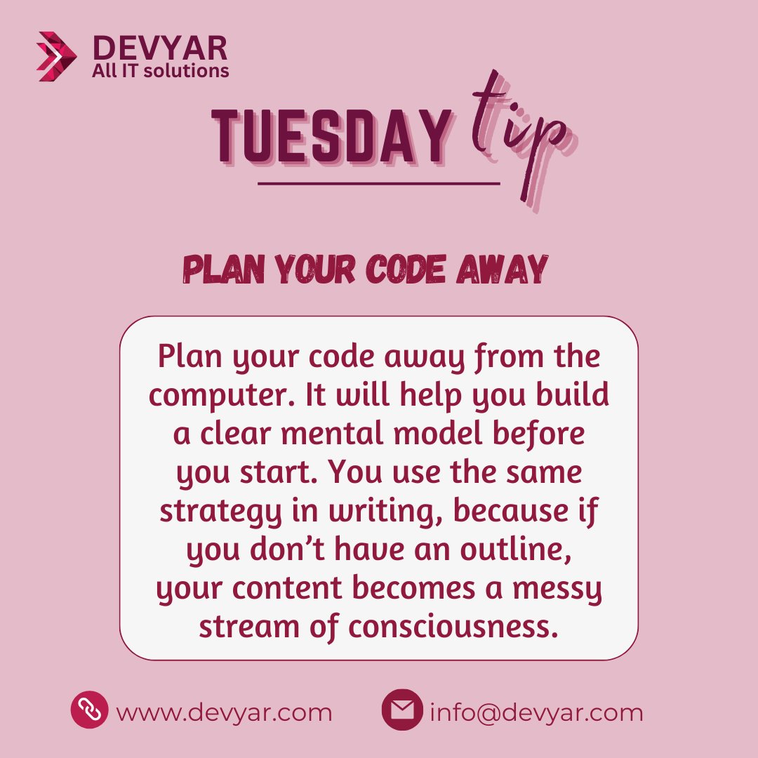DevyarSoftware's tweet image. 🌟 &quot;Unlock Your Coding Potential with Devyar&apos;s Tuesday Tip! 💻💡

This Tuesday, we&apos;re sharing a game-changing tip to supercharge your coding journey. 🚀👨‍💻

#Devyar #softwaredevelopment #softwareengineer #allitsolution #websitedevelopment #DevyarIT