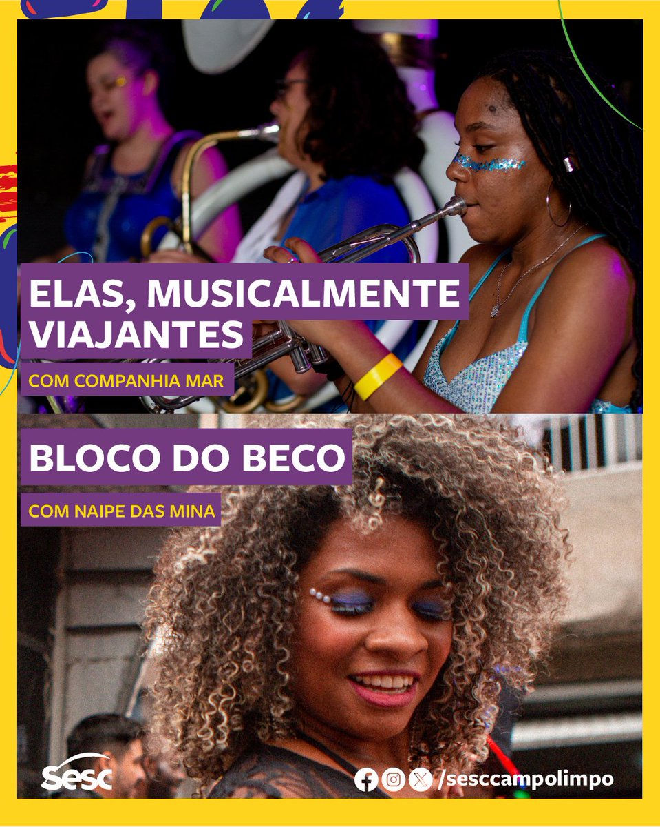 Nosso último dia de Carnaval (13/2) tem fanfarra e bloco pra todas e todos pularem muito!
Nesta terça, às 14h, a Cia Mar apresenta uma fanfarra itinerante: "Elas, musicalmente viajantes". 
Um pouco mais tarde, às 16h, o <a href="/BlocodoBeco/">Bloco do Beco</a>  chega com o Naipe das Minas. 
Vem participar!