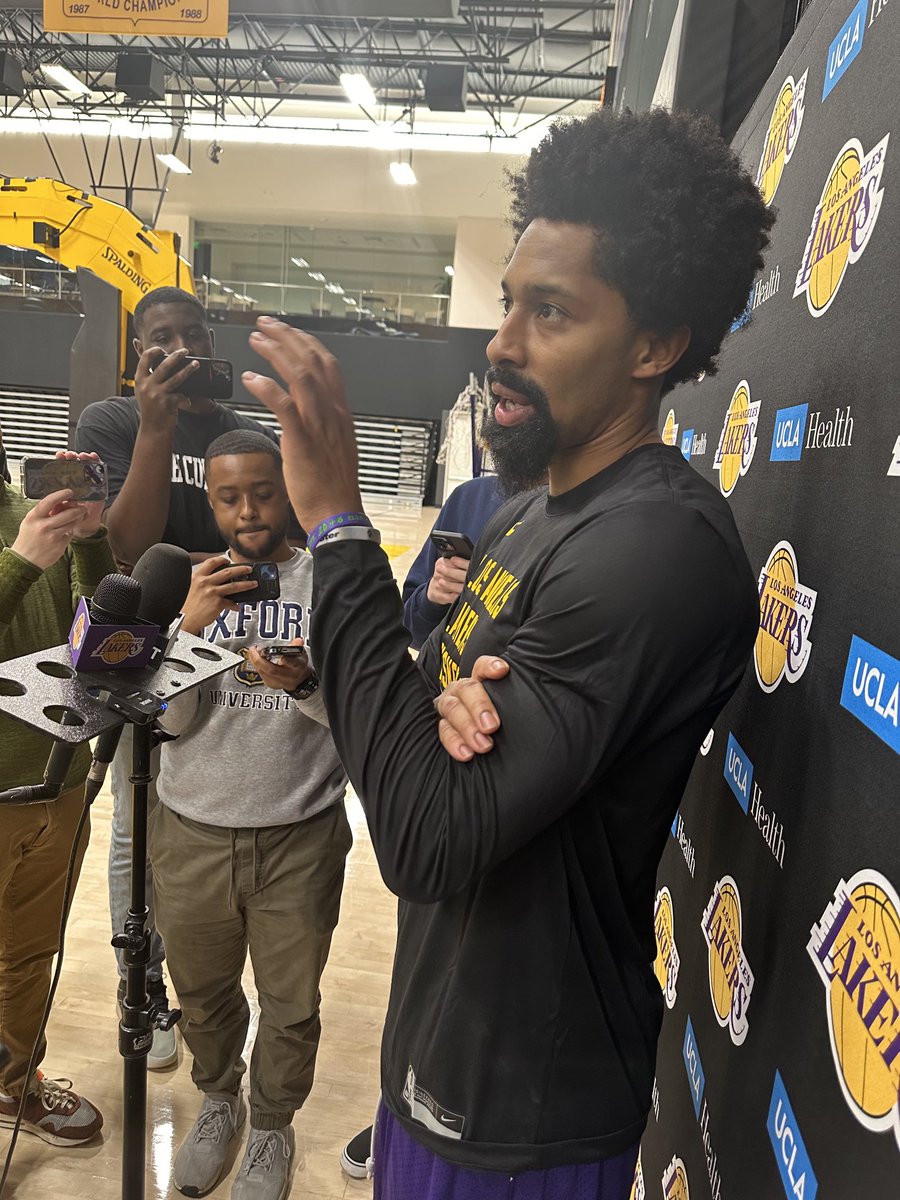 Spencer Dinwiddie meeting with the media for the first time since signing with the Lakers. “At the end of the day, they know how to win,” he said. Lineup alert: Lakers Coach Darvin Ham said there might be some three-guard lineups with Dinwiddie in the mix 👀