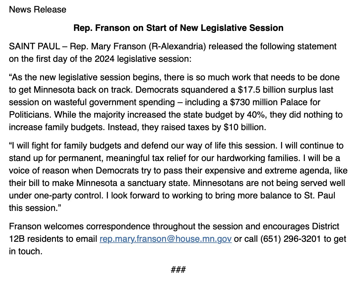 MaryFransonMN's tweet image. The new legislative session kicked off today! There is a lot of work to do to protect family budgets and our way of life: